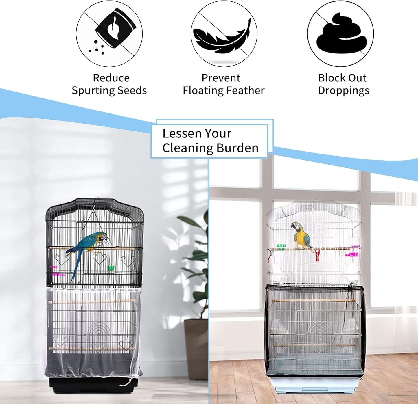 Universal Bird Cage Cover - Adjustable Soft Mesh Net for Parrots, Seed and Feather Catcher, Sheer Guard for Round and Square Cages (Black)
