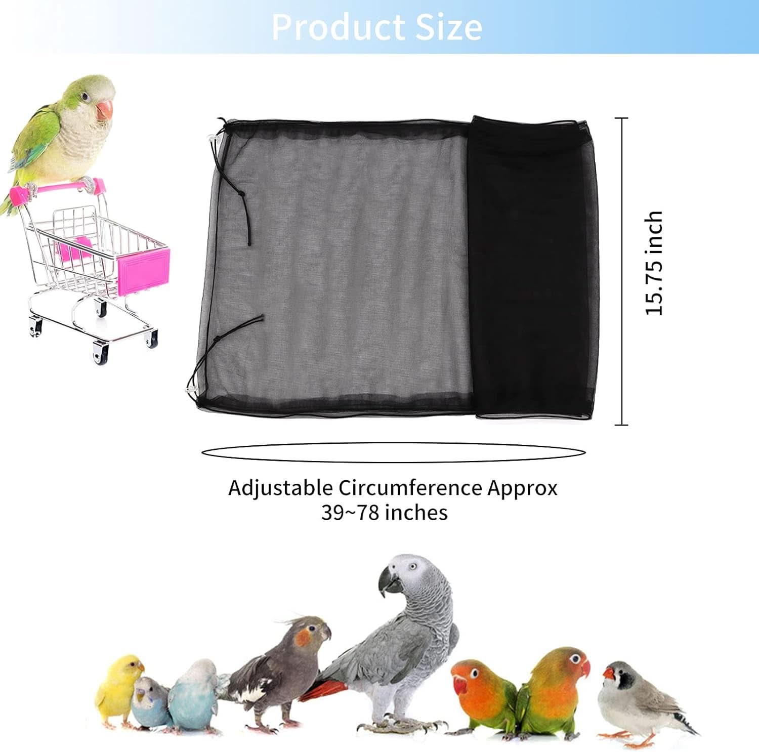 Universal Bird Cage Cover - Adjustable Soft Mesh Net for Parrots, Seed and Feather Catcher, Sheer Guard for Round and Square Cages (Black)