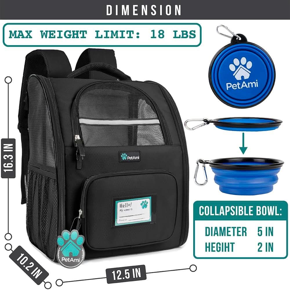 Ventilated Dog and Cat Backpack Carrier for Hiking and Travel, Airline Approved, Suitable for Pets up to 18 lbs, Black