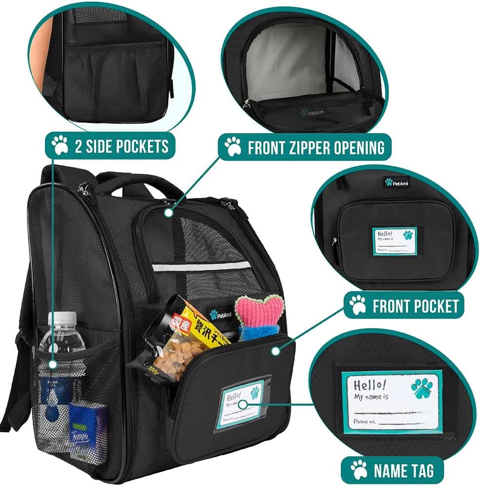 Ventilated Dog and Cat Backpack Carrier for Hiking and Travel, Airline Approved, Suitable for Pets up to 18 lbs, Black
