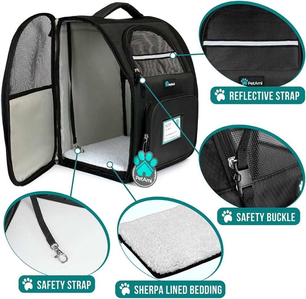 Ventilated Dog and Cat Backpack Carrier for Hiking and Travel, Airline Approved, Suitable for Pets up to 18 lbs, Black