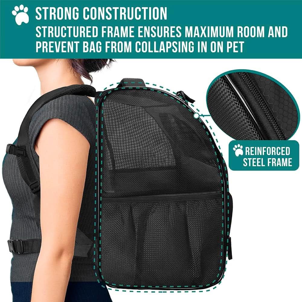 Ventilated Dog and Cat Backpack Carrier for Hiking and Travel, Airline Approved, Suitable for Pets up to 18 lbs, Black