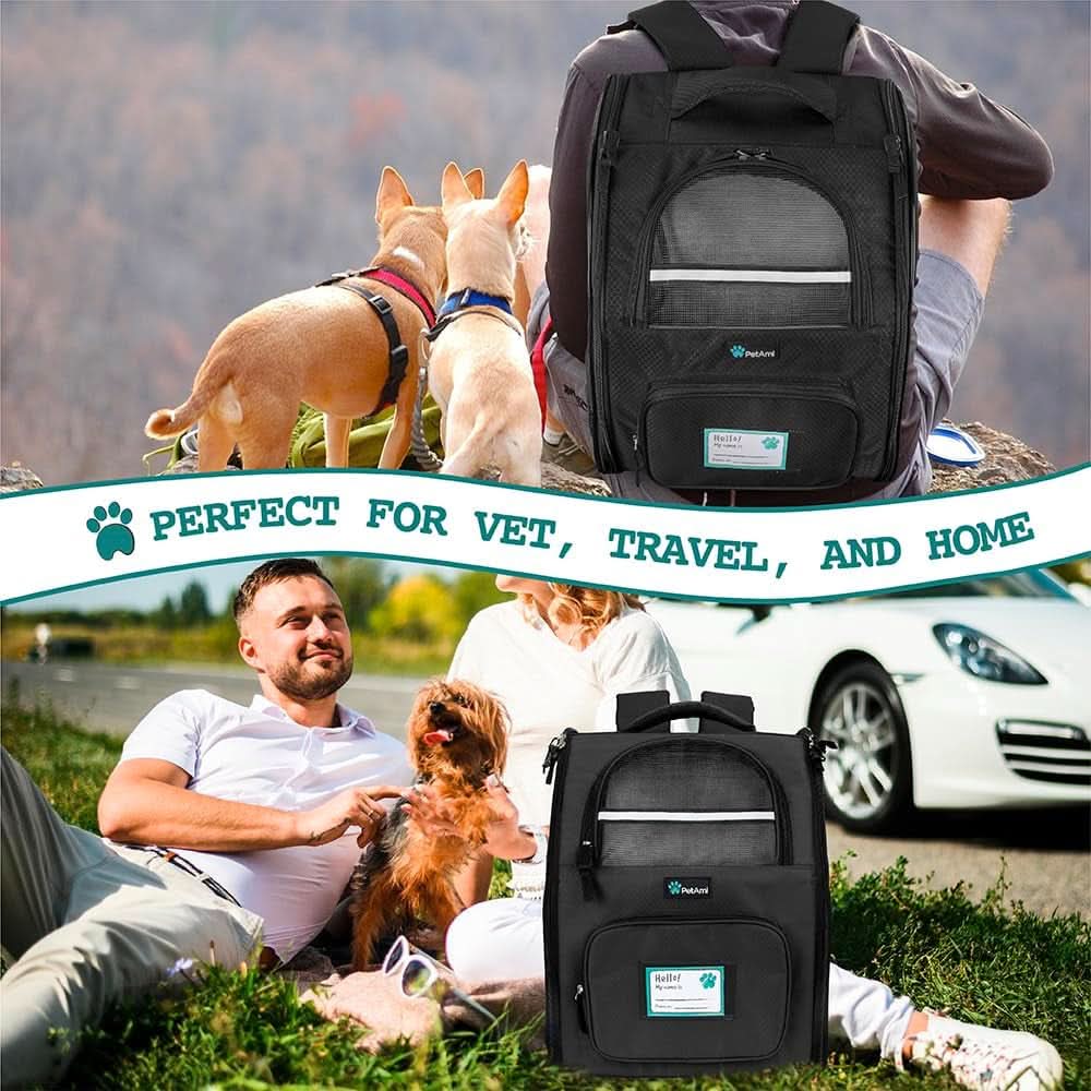 Ventilated Dog and Cat Backpack Carrier for Hiking and Travel, Airline Approved, Suitable for Pets up to 18 lbs, Black
