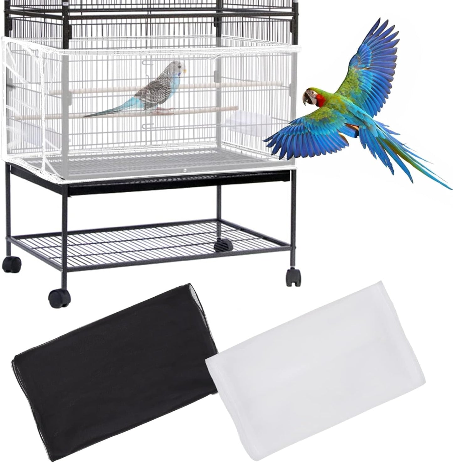 Set of 2 Large Bird Cage Covers, Adjustable Parrot Nylon Soft Mesh Net, Universal Seed and Feather Catcher, Sheer Guard Skirt for Round and Square Cages for Parakeets and Macaws