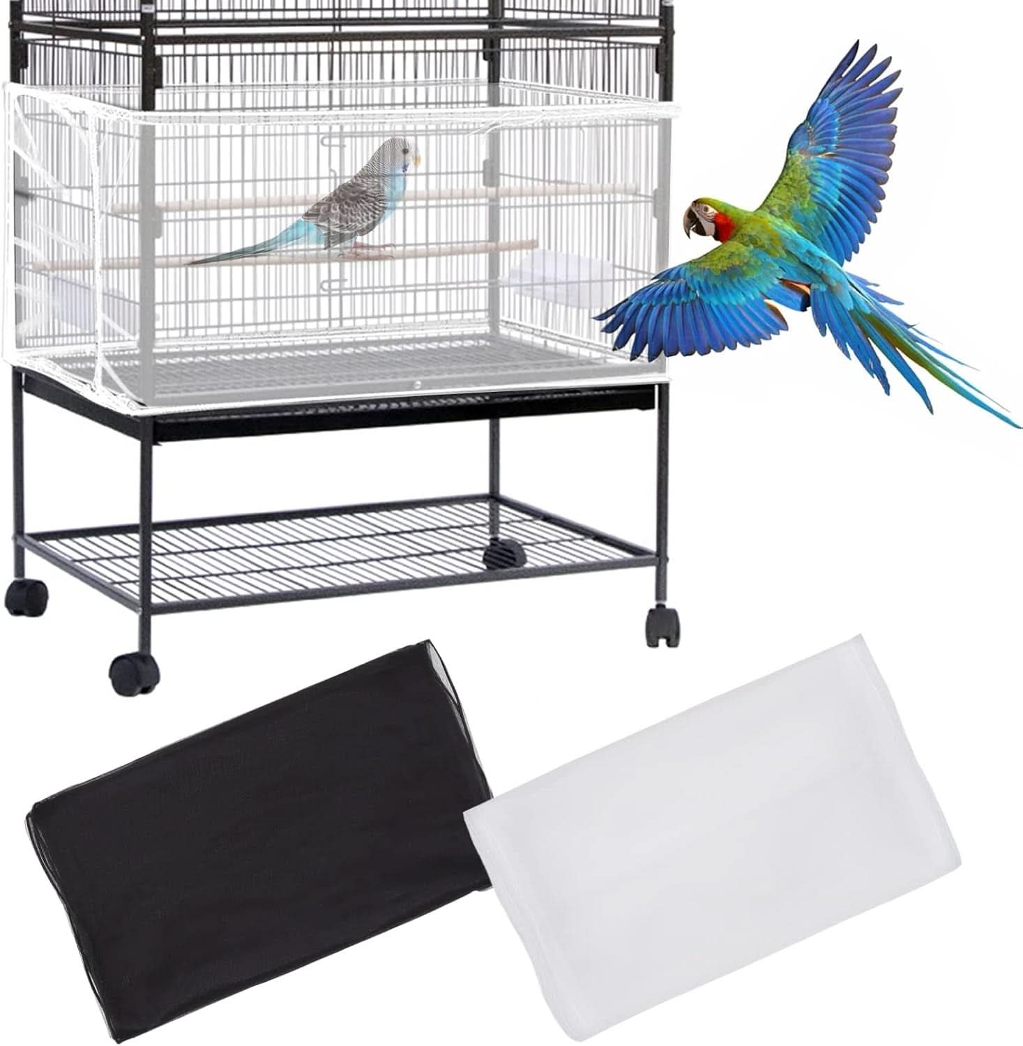 Set of 2 Large Bird Cage Covers, Adjustable Parrot Nylon Soft Mesh Net, Universal Seed and Feather Catcher, Sheer Guard Skirt for Round and Square Cages for Parakeets and Macaws