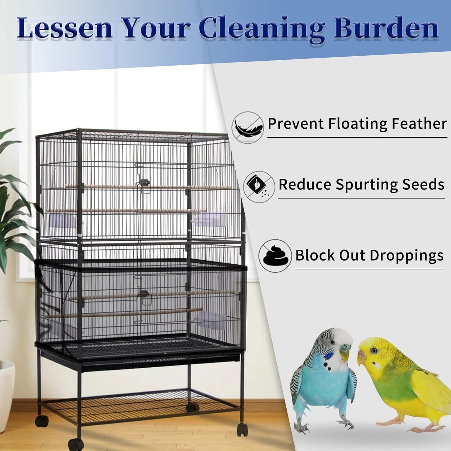 Set of 2 Large Bird Cage Covers, Adjustable Parrot Nylon Soft Mesh Net, Universal Seed and Feather Catcher, Sheer Guard Skirt for Round and Square Cages for Parakeets and Macaws