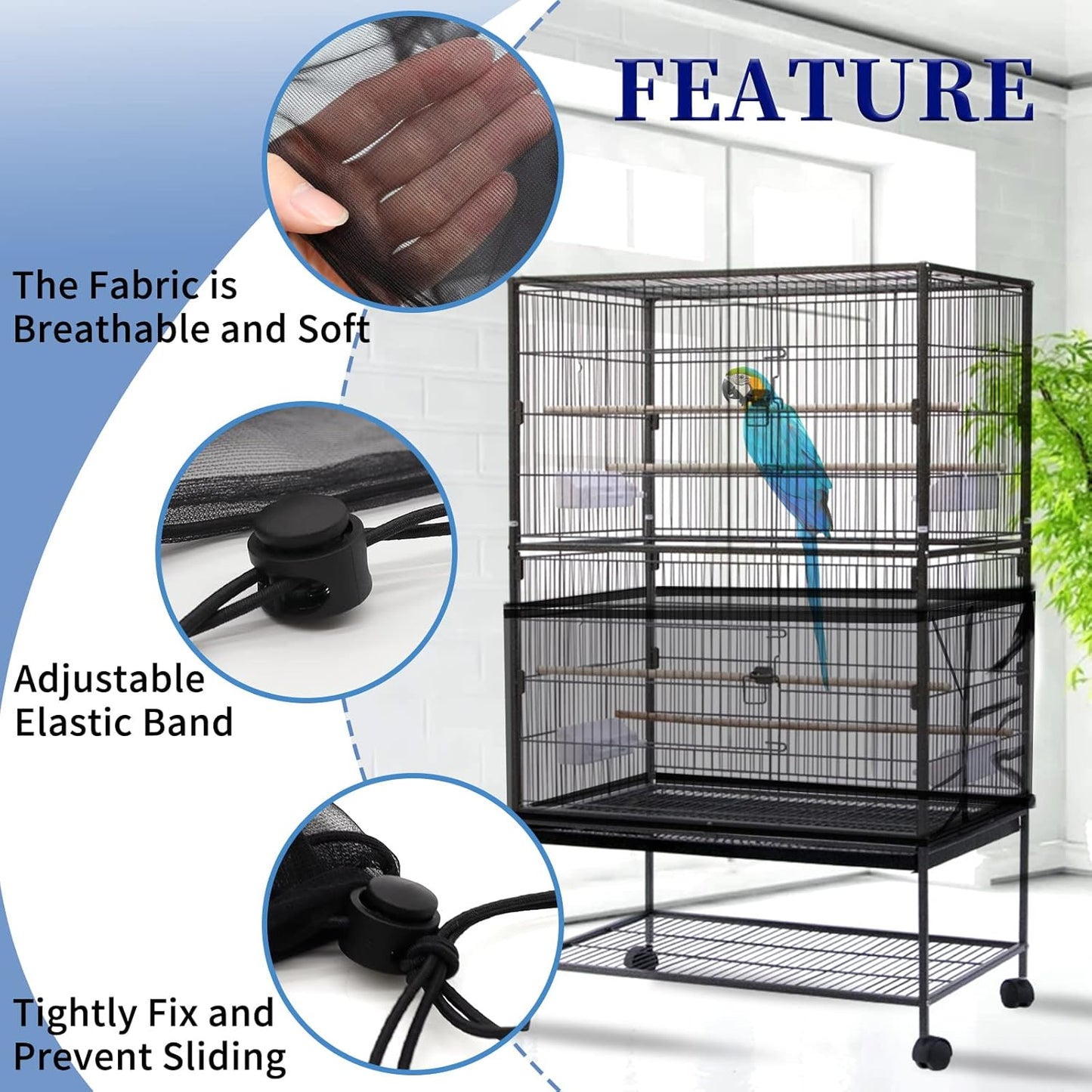 Set of 2 Large Bird Cage Covers, Adjustable Parrot Nylon Soft Mesh Net, Universal Seed and Feather Catcher, Sheer Guard Skirt for Round and Square Cages for Parakeets and Macaws