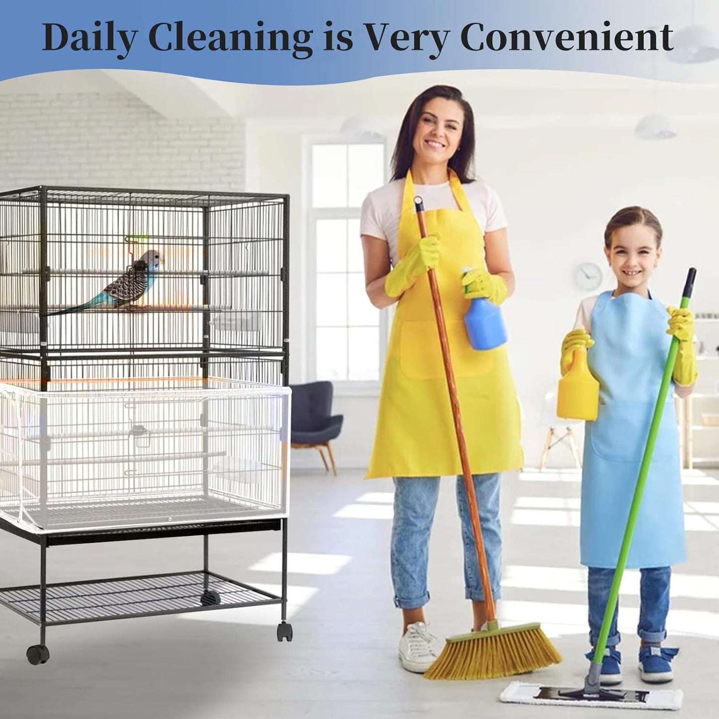 Set of 2 Large Bird Cage Covers, Adjustable Parrot Nylon Soft Mesh Net, Universal Seed and Feather Catcher, Sheer Guard Skirt for Round and Square Cages for Parakeets and Macaws
