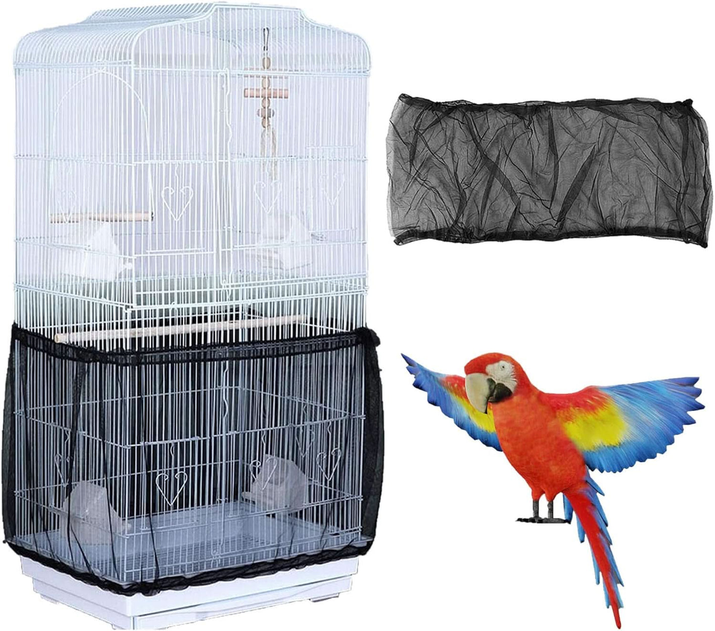 Bird Cage Seed Catcher - Airy Gauze Dust-Proof Cover for Universal Birdcages, Nylon Mesh Net with Stretchy Skirt, XL Size, Black