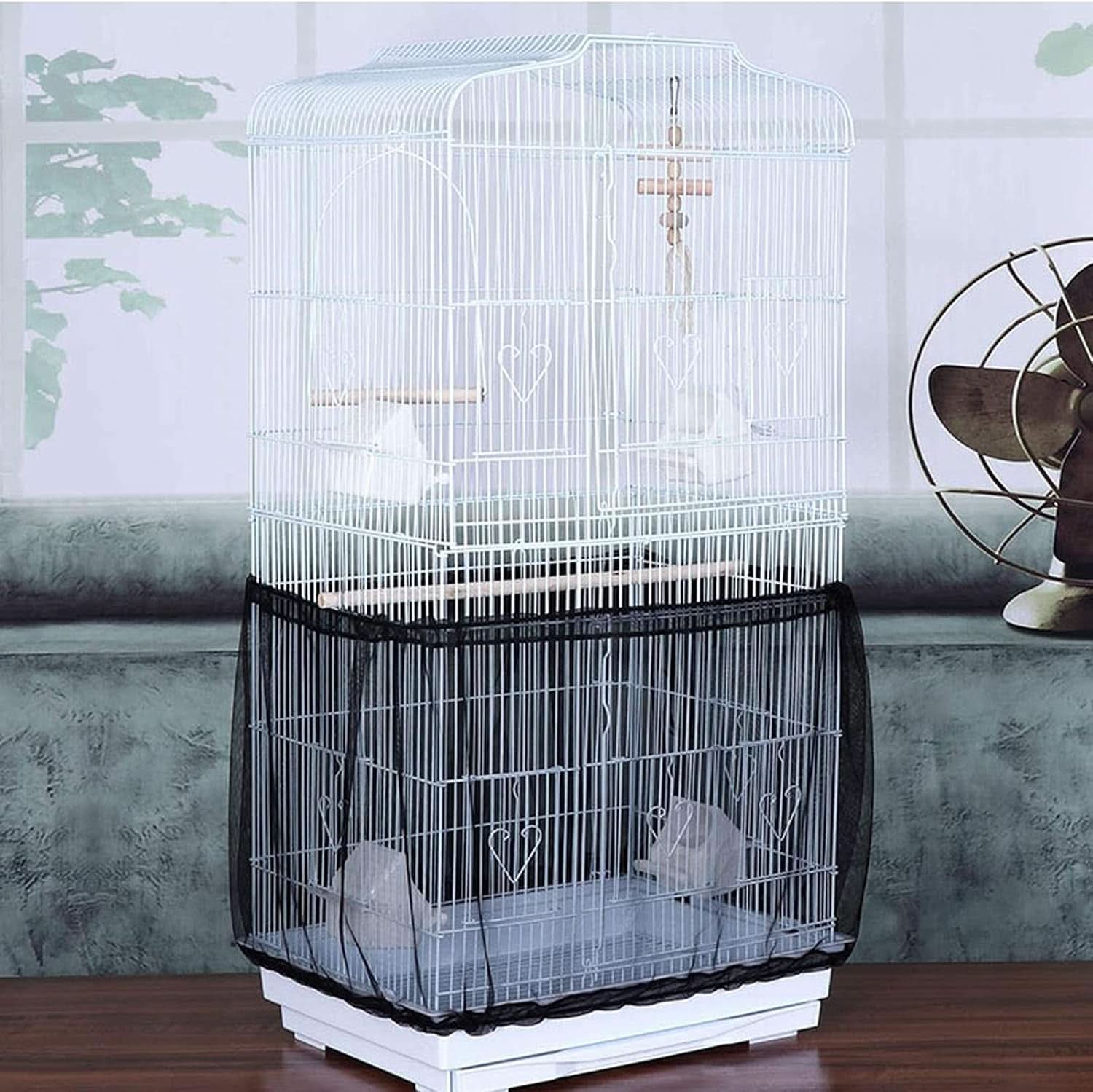 Bird Cage Seed Catcher - Airy Gauze Dust-Proof Cover for Universal Birdcages, Nylon Mesh Net with Stretchy Skirt, XL Size, Black