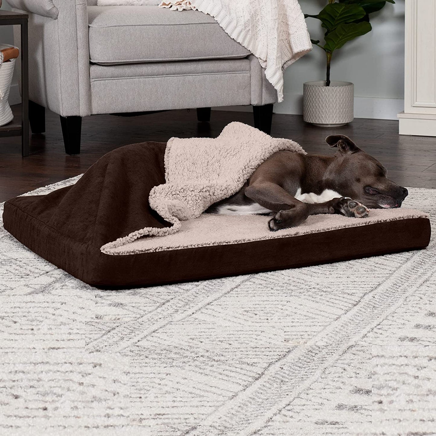 Large Medium Dog Cooling Gel Bed with Removable Washable Cover for Dogs up to 55 lbs - Berber & Suede Top Mattress - Espresso