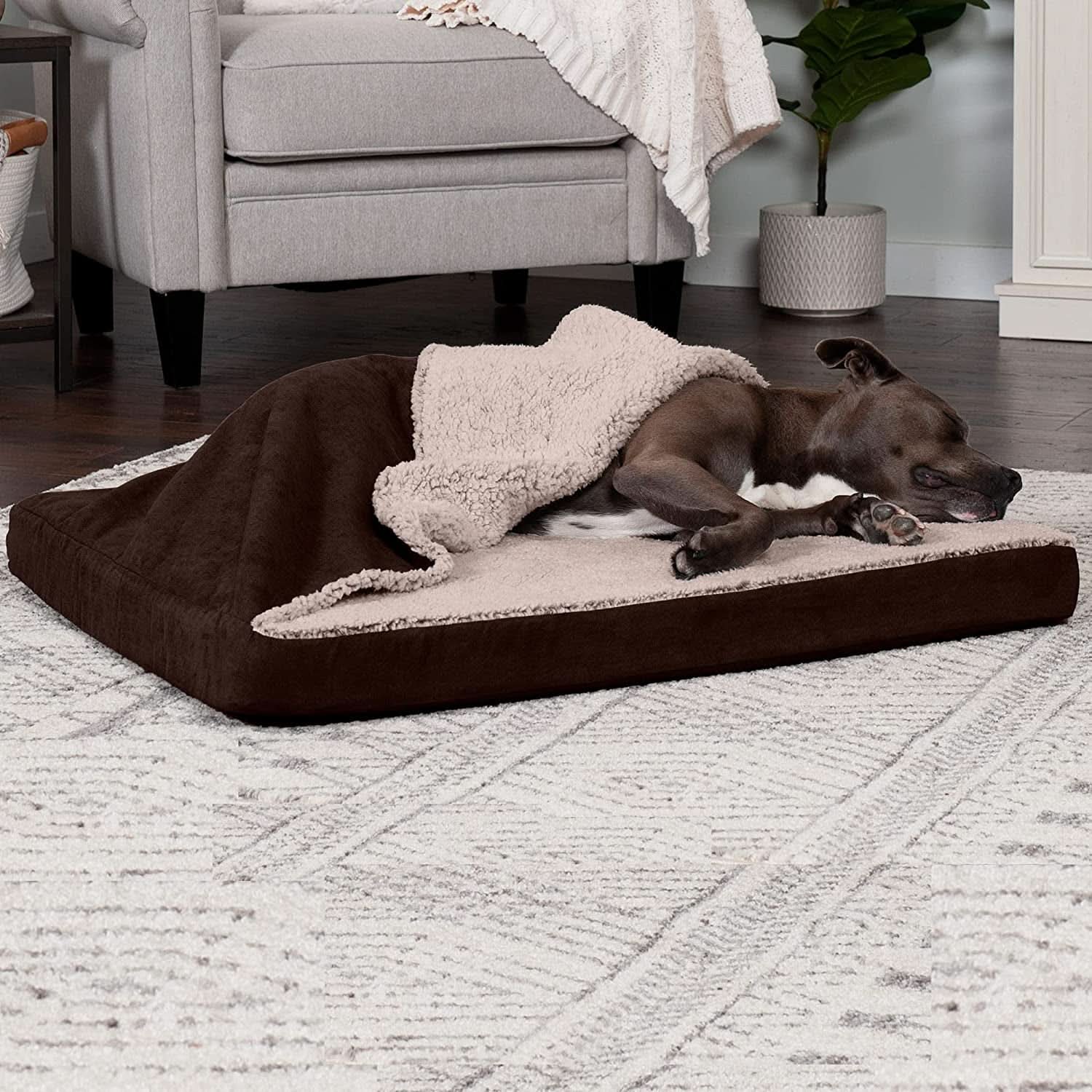 Large Medium Dog Cooling Gel Bed with Removable Washable Cover for Dogs up to 55 lbs - Berber & Suede Top Mattress - Espresso