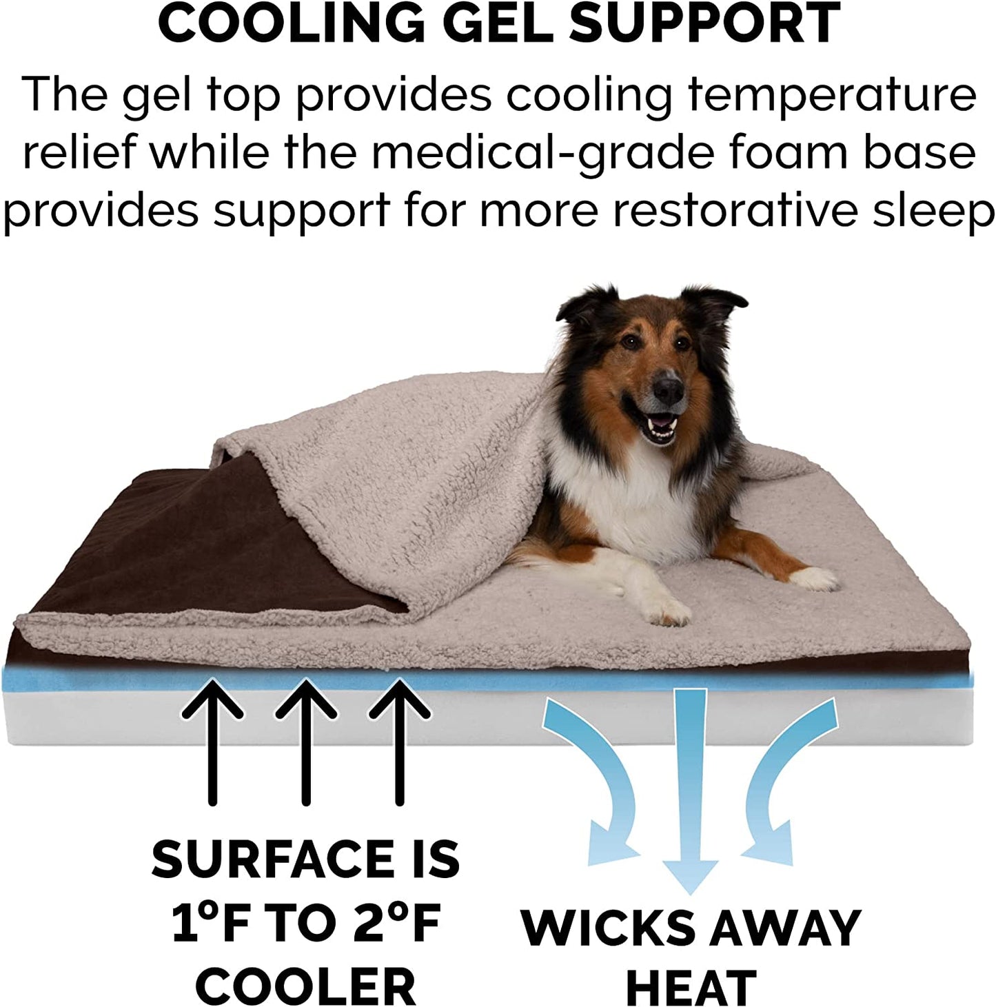 Large Medium Dog Cooling Gel Bed with Removable Washable Cover for Dogs up to 55 lbs - Berber & Suede Top Mattress - Espresso