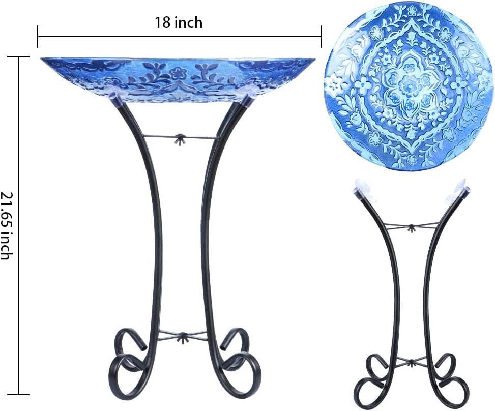 Outdoor Glass Birdbath with Metal Stand for Garden and Lawn Decoration, 18” Diameter / 21.65” Height