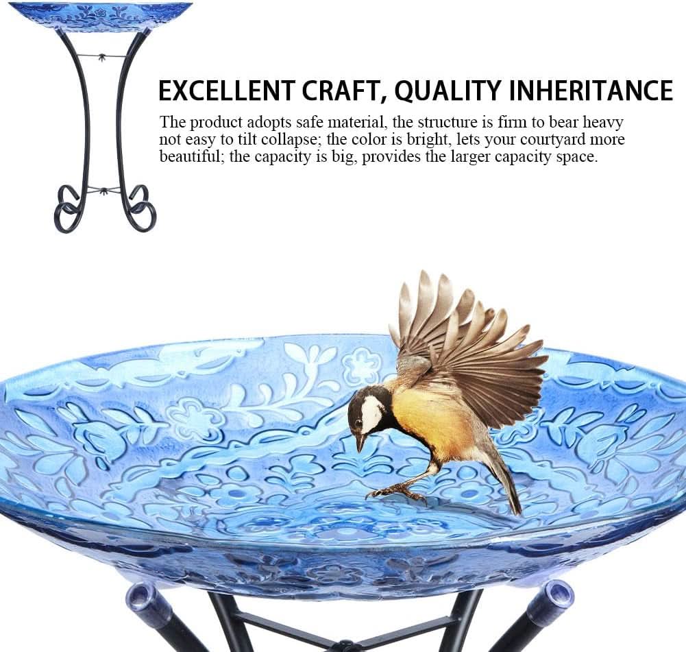 Outdoor Glass Birdbath with Metal Stand for Garden and Lawn Decoration, 18” Diameter / 21.65” Height