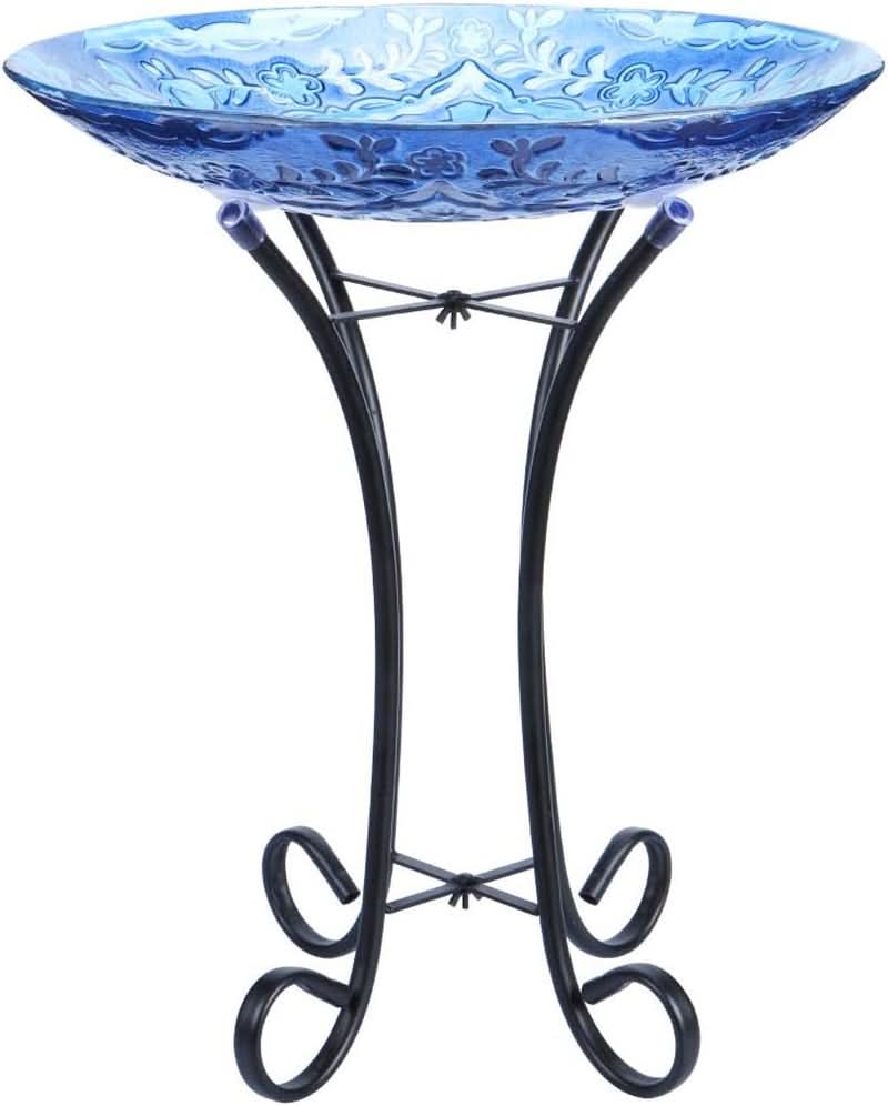 Outdoor Glass Birdbath with Metal Stand for Garden and Lawn Decoration, 18” Diameter / 21.65” Height