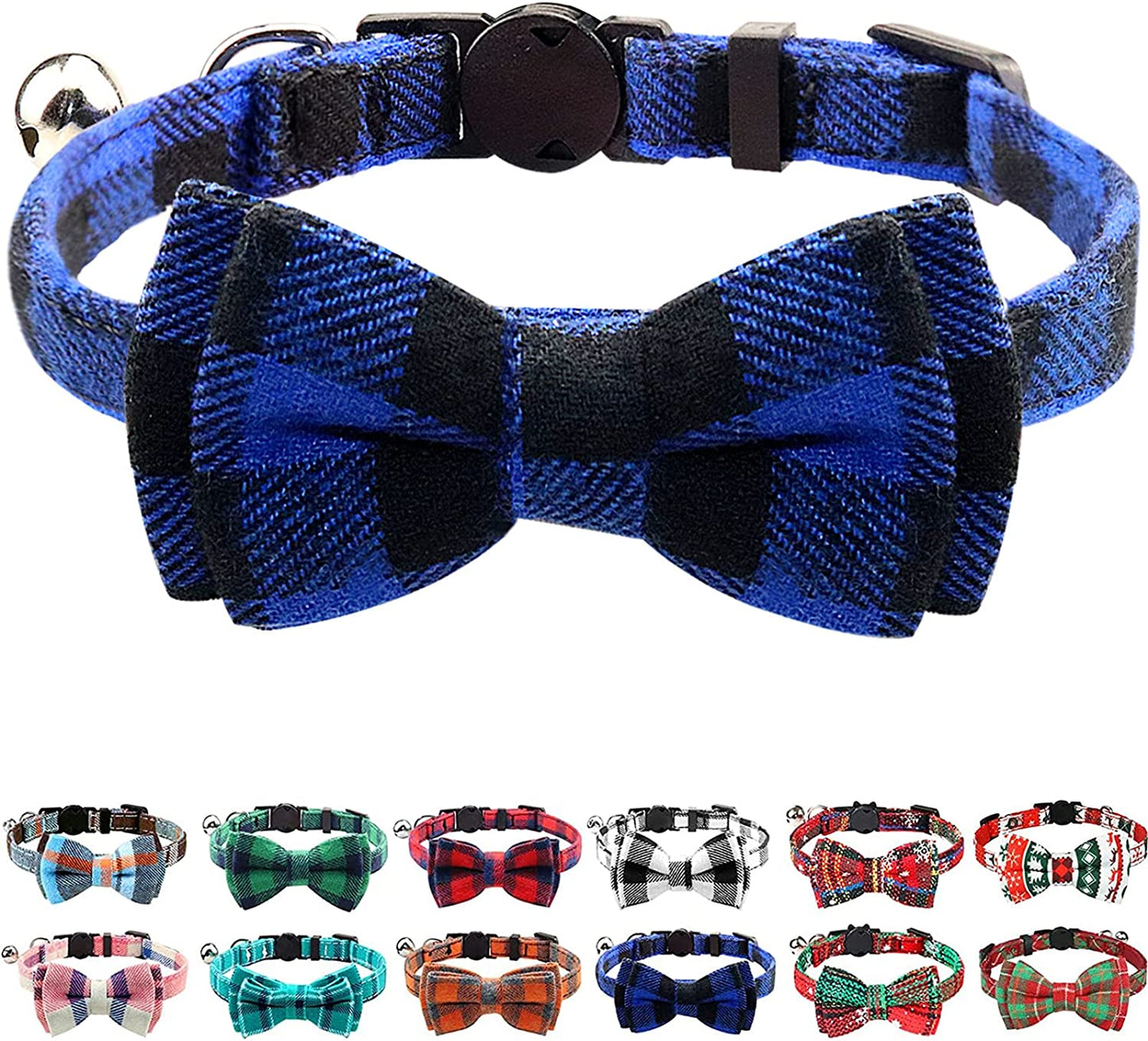 Upgraded Breakaway Cat Collar with Bow Tie and Bells, Safety Plaid Design for Kittens, Blue - 1 Pack