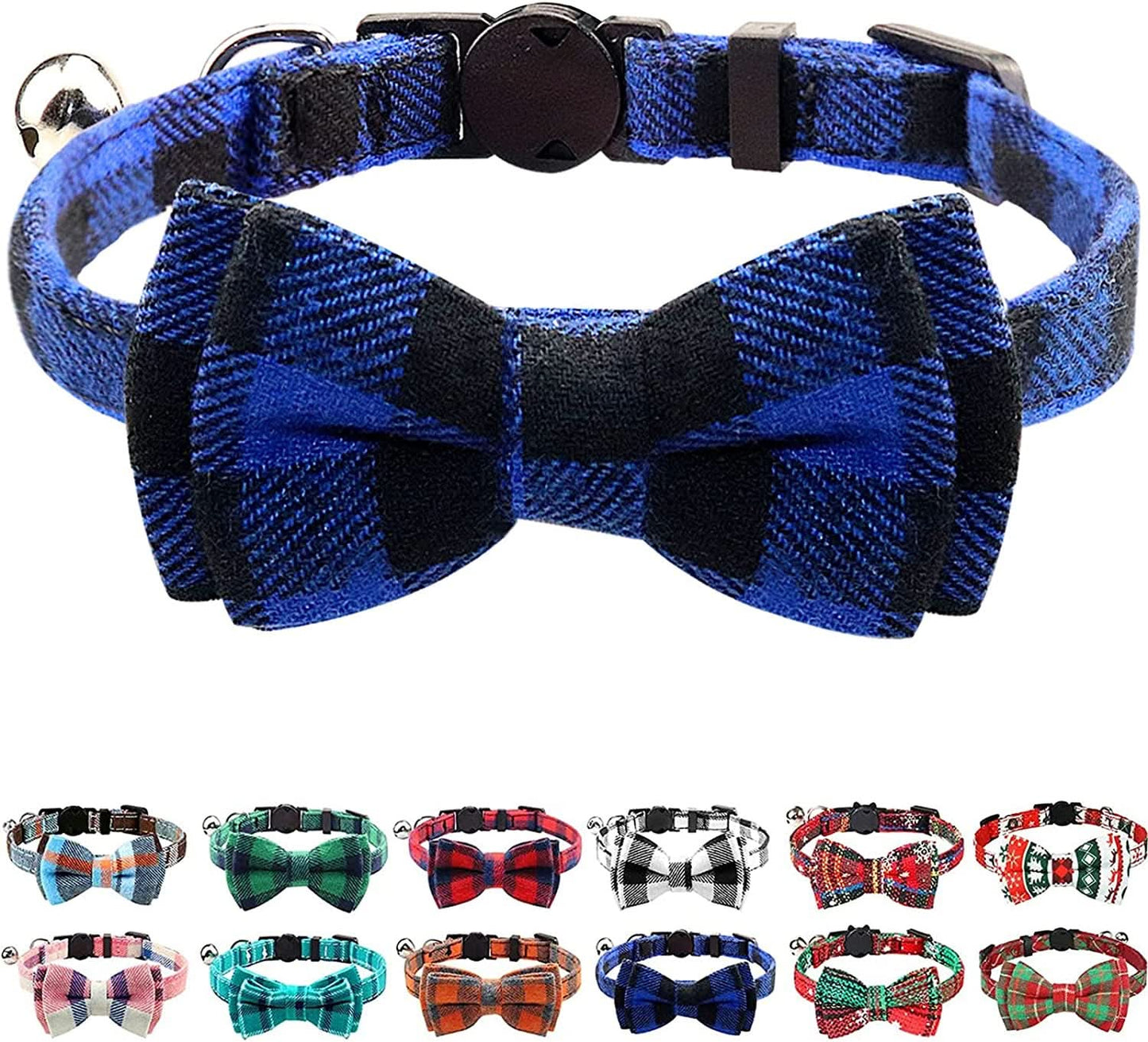 Upgraded Breakaway Cat Collar with Bow Tie and Bells, Safety Plaid Design for Kittens, Blue - 1 Pack