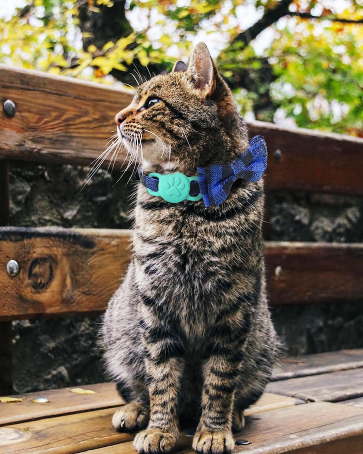 Upgraded Breakaway Cat Collar with Bow Tie and Bells, Safety Plaid Design for Kittens, Blue - 1 Pack