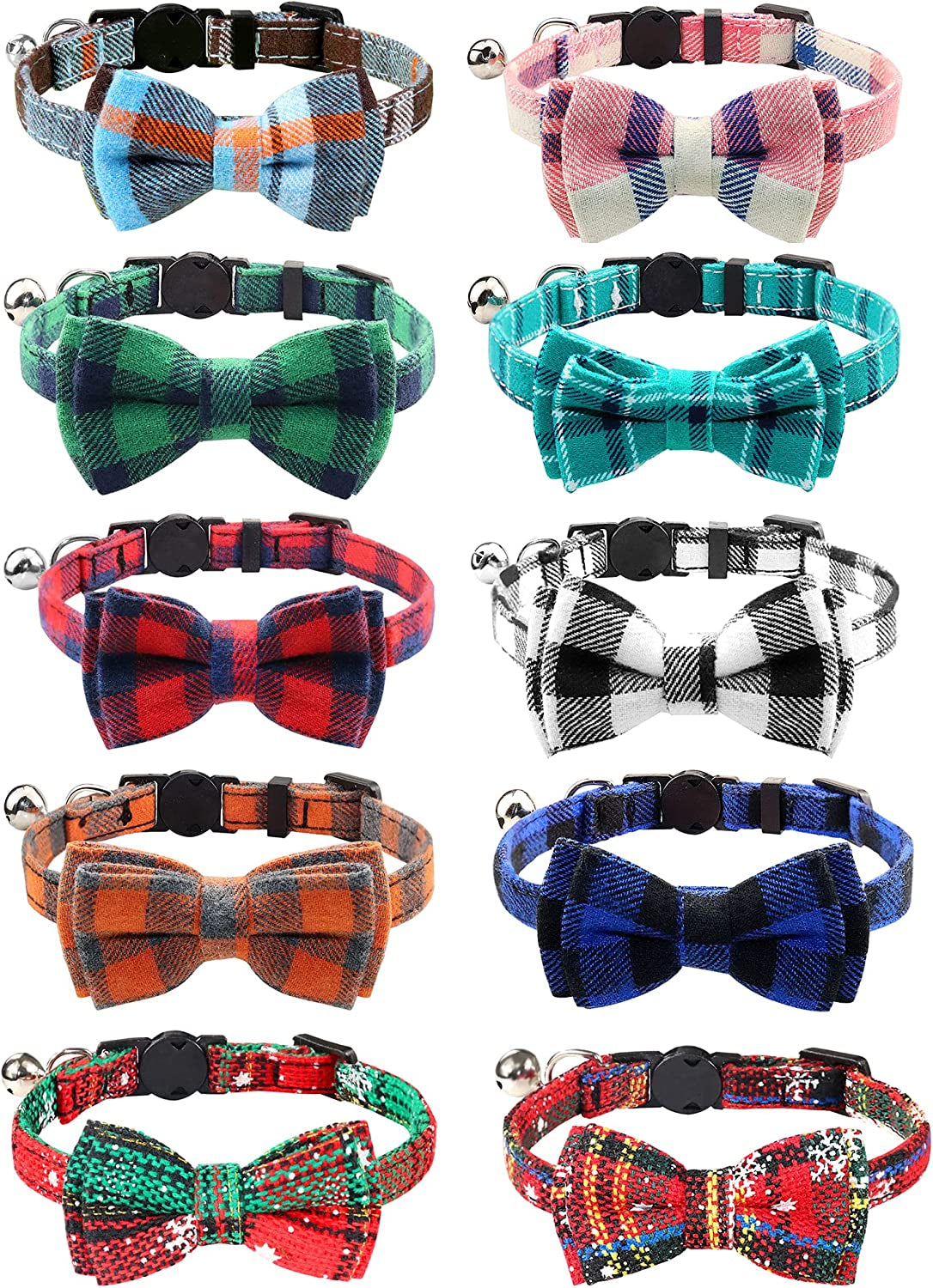 Upgraded Breakaway Cat Collar with Bow Tie and Bells, Safety Plaid Design for Kittens, Blue - 1 Pack