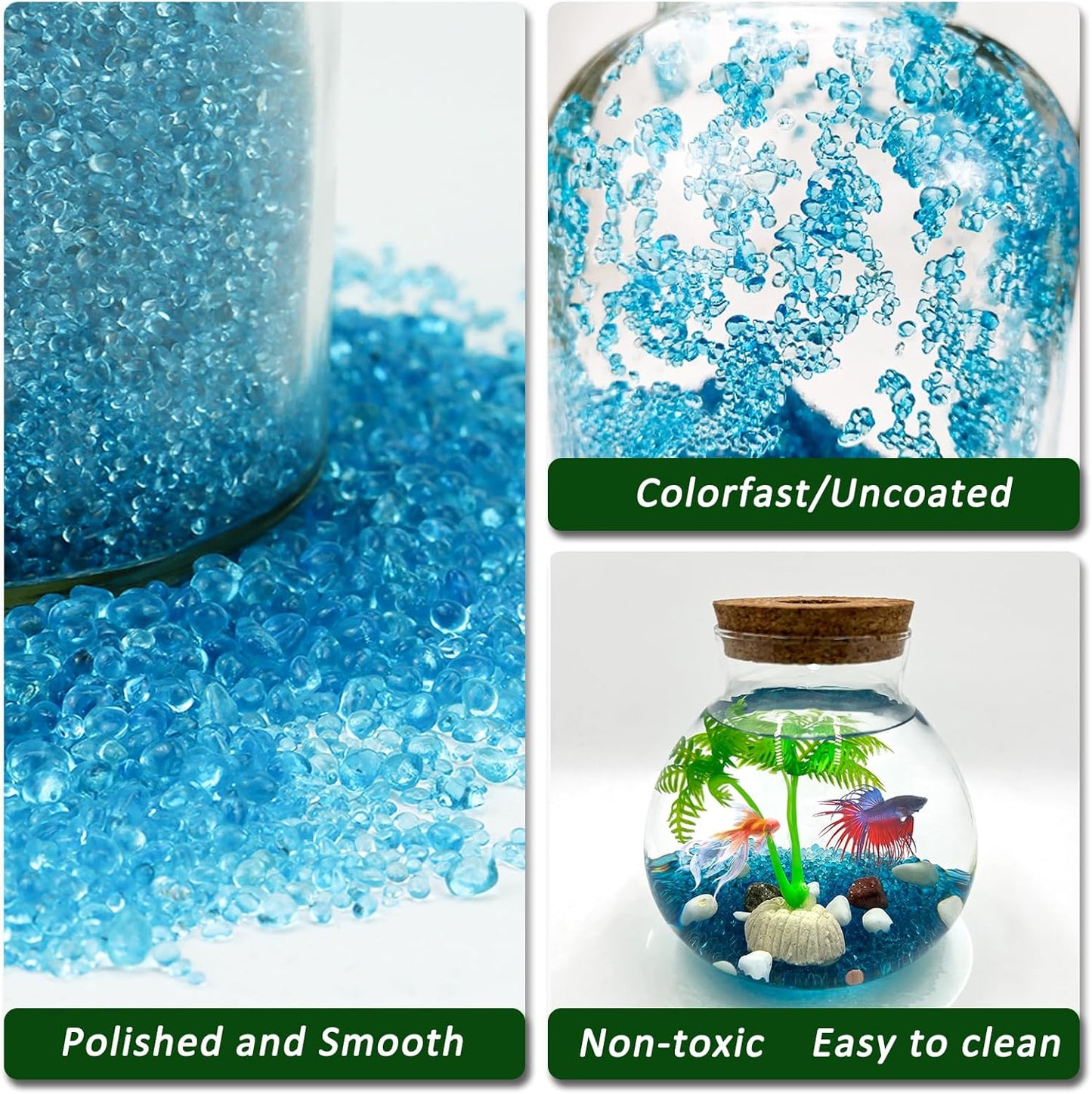 2.2 Lbs Polished Smooth Aquarium Substrate Gravel - Vibrant Blue Sea Glass Decorative Stones for Fish Tanks, Vases, Fairy Gardens, and Potted Plants