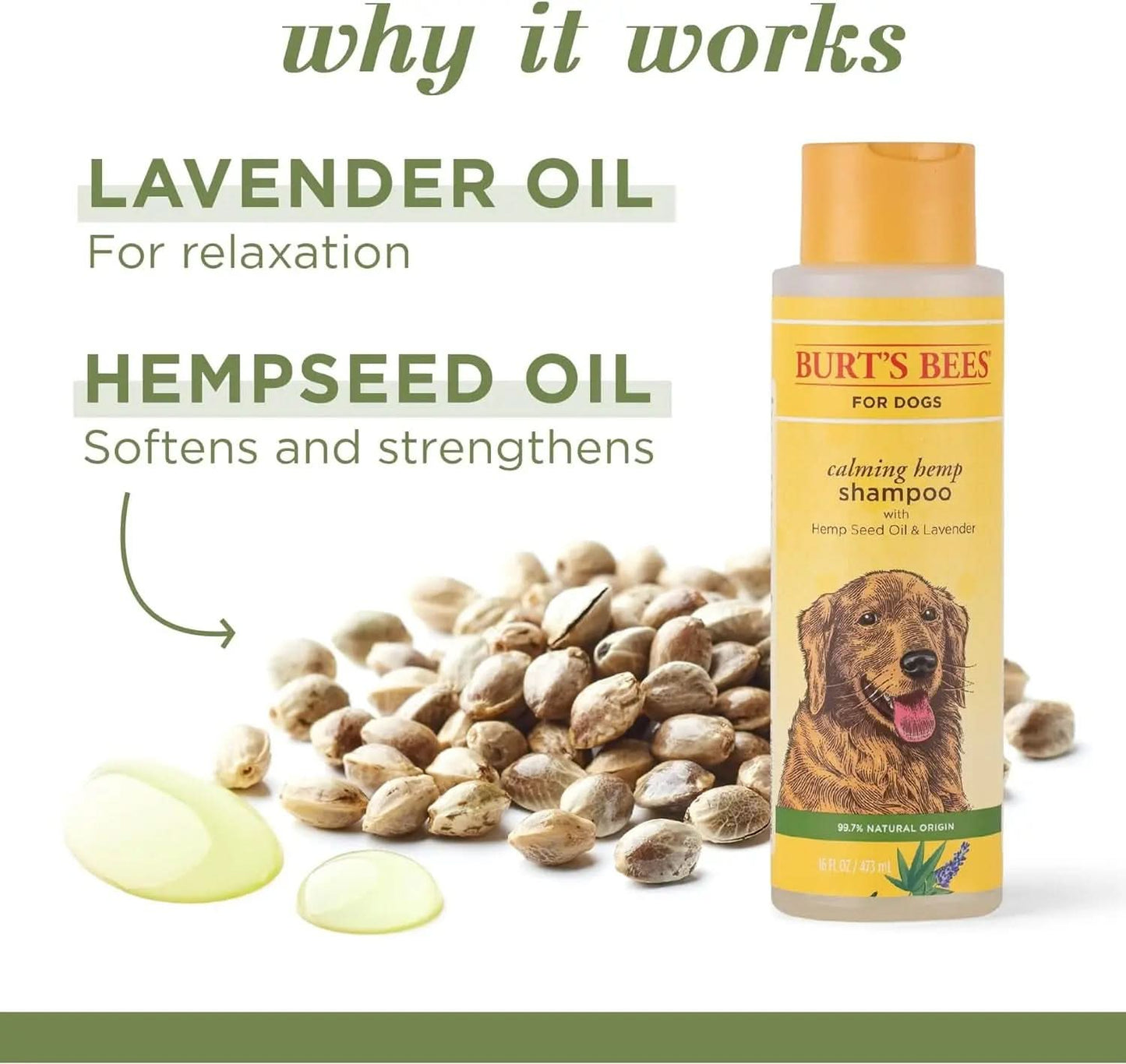 Calming Dog Shampoo with Hemp Seed Oil and Lavender - 95% Natural Formula, Gentle Care for Dogs, 16 Oz