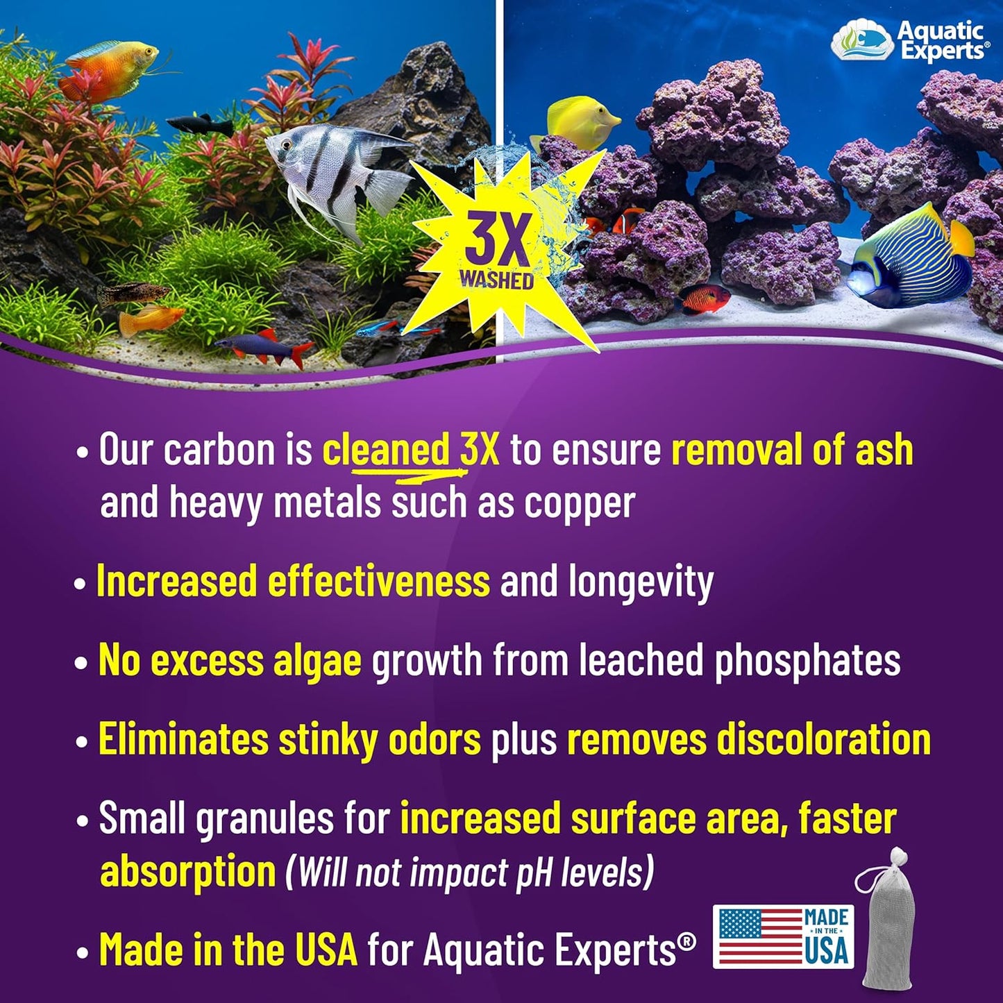 Premium Activated Carbon for Aquariums - Granulated Charcoal Filter Media (3 lbs with Fine Mesh Bag)