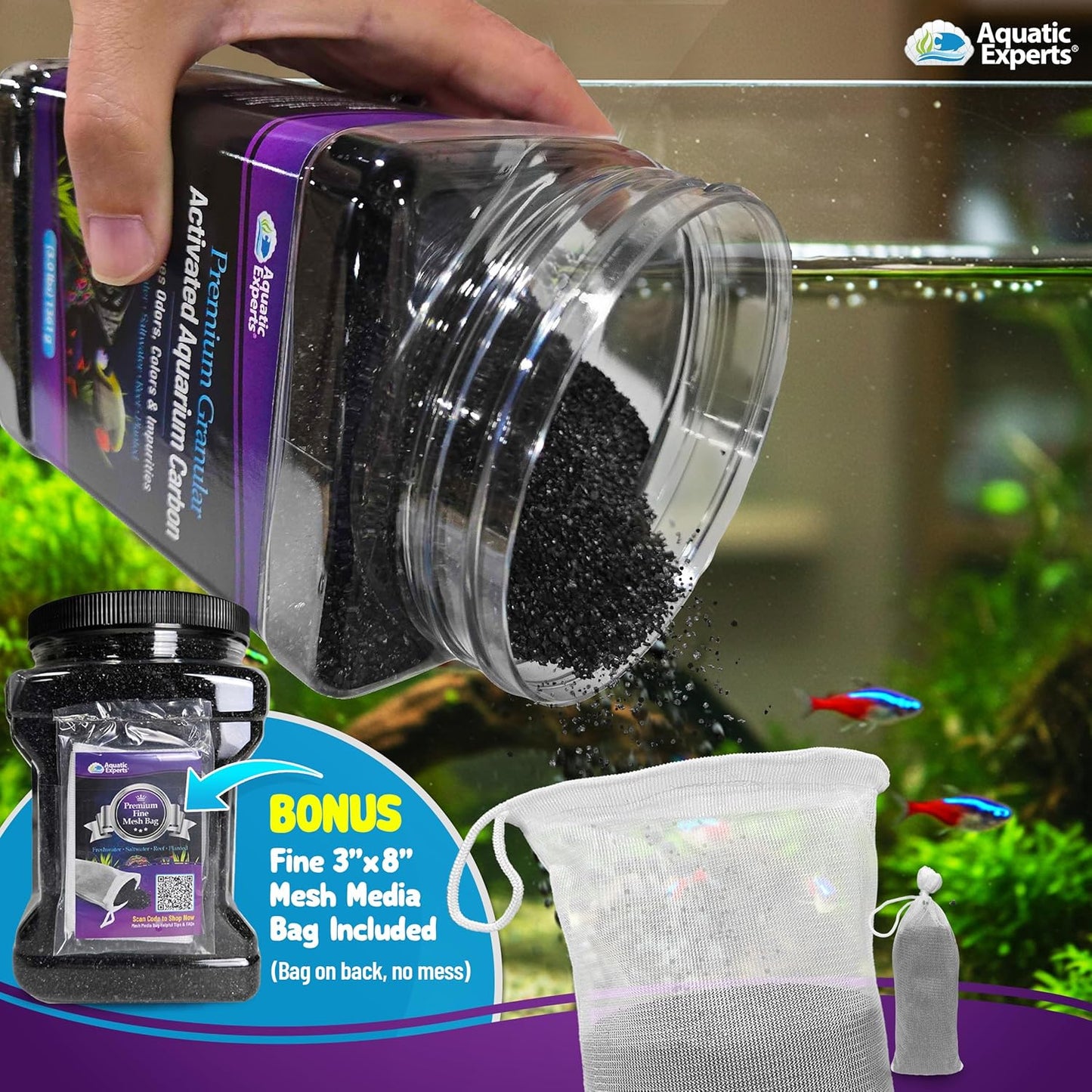Premium Activated Carbon for Aquariums - Granulated Charcoal Filter Media (3 lbs with Fine Mesh Bag)