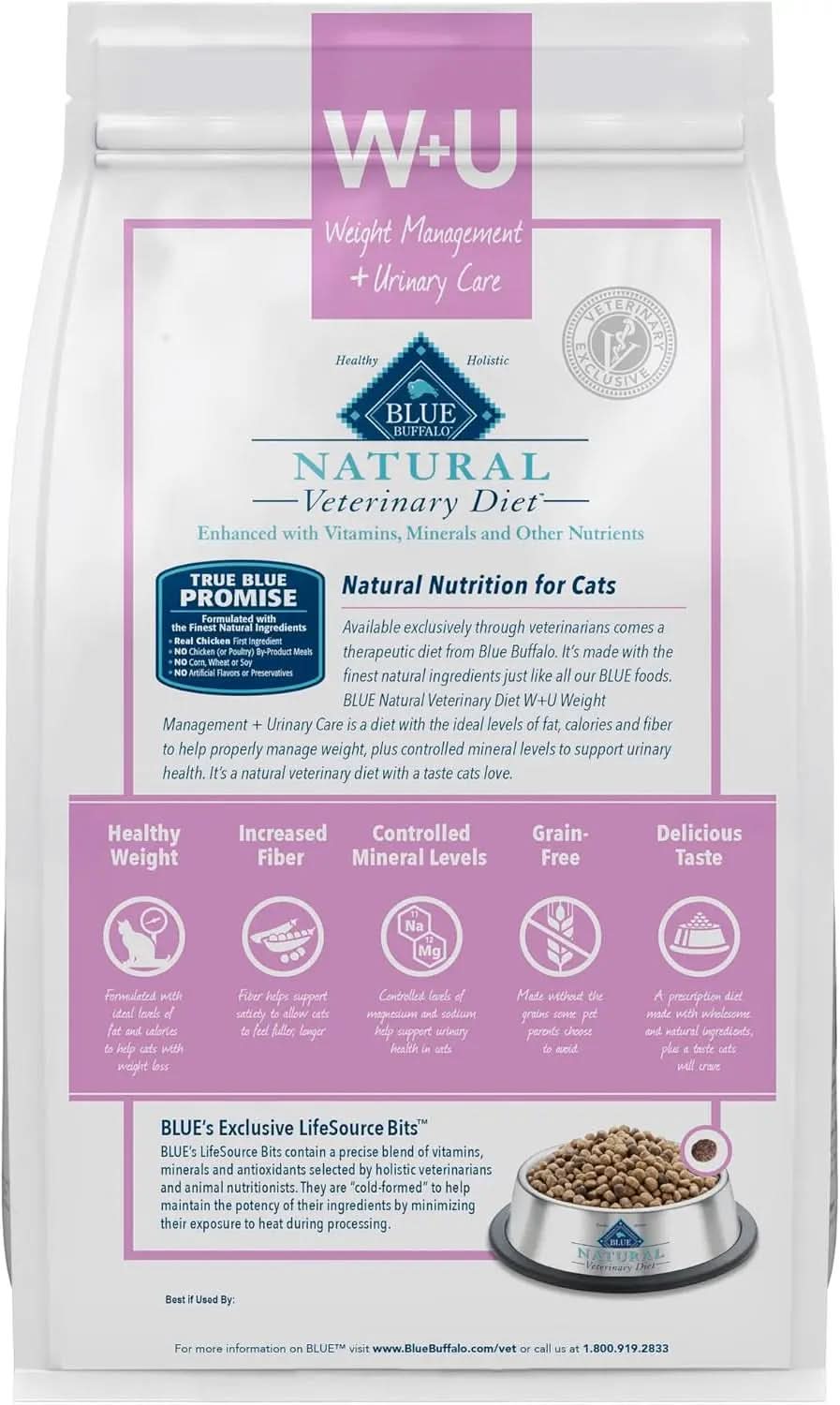 Natural Veterinary Diet W+U Weight Management and Urinary Care Dry Cat Food, Chicken Flavor, 6.5 lb Bag - Prescription Required