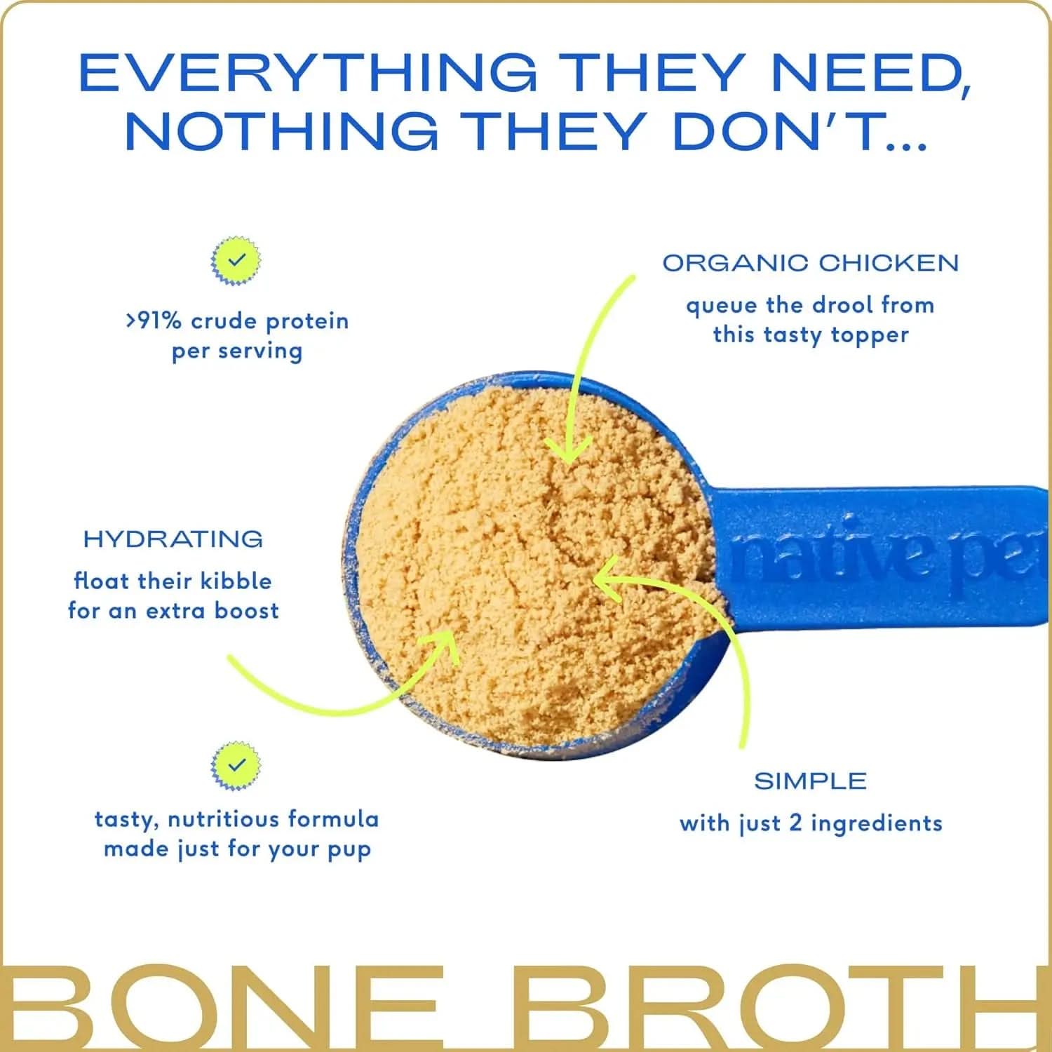 Chicken Bone Broth Powder for Dogs and Cats - Nutritional Food Topper for Picky Eaters - Supports Joint Strength, Immune Function, and Heart Health - 96 Servings