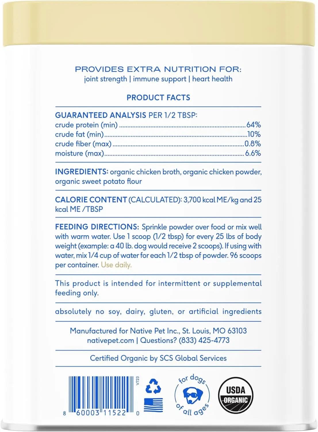 Chicken Bone Broth Powder for Dogs and Cats - Nutritional Food Topper for Picky Eaters - Supports Joint Strength, Immune Function, and Heart Health - 96 Servings