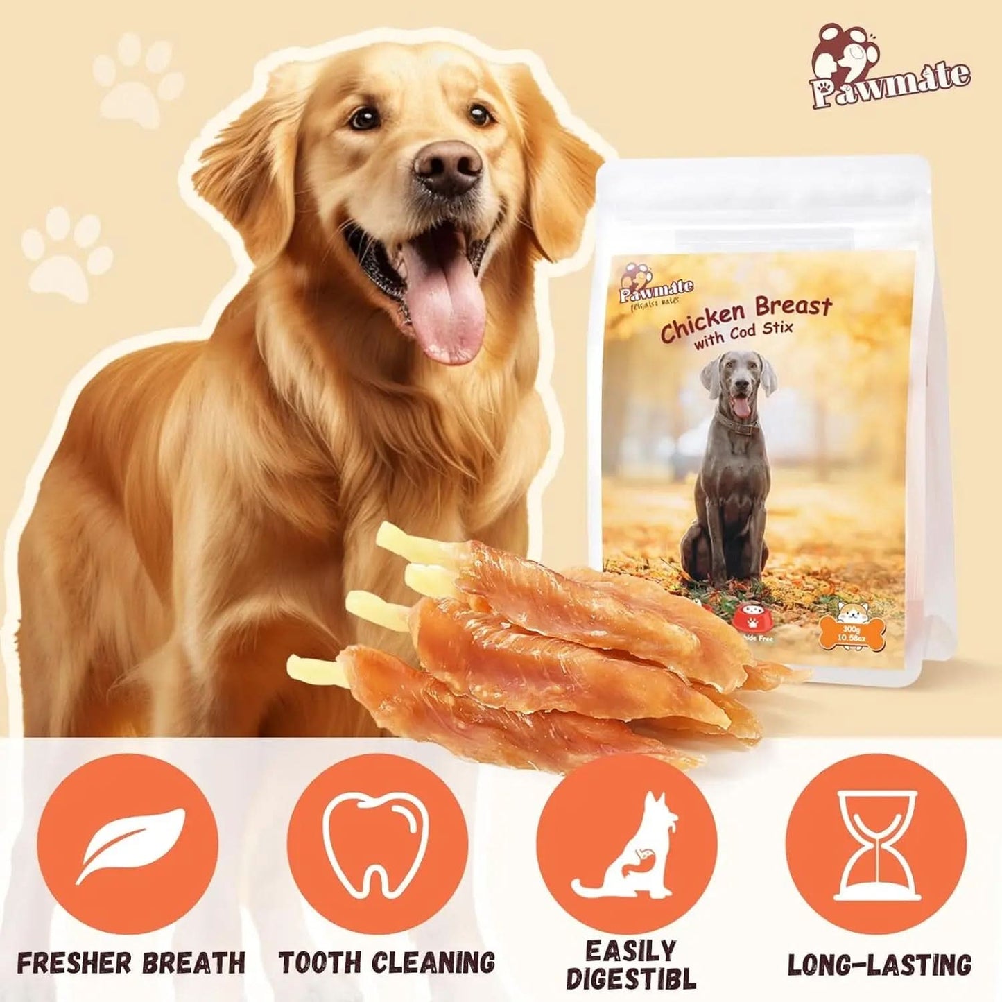 Chicken Tender Wrapped Cod Sticks - Rawhide-Free High Protein Dog Jerky Soft Chews, Healthy Training Snacks for Dogs of All Sizes, 9-10 Count, 10.6 Oz