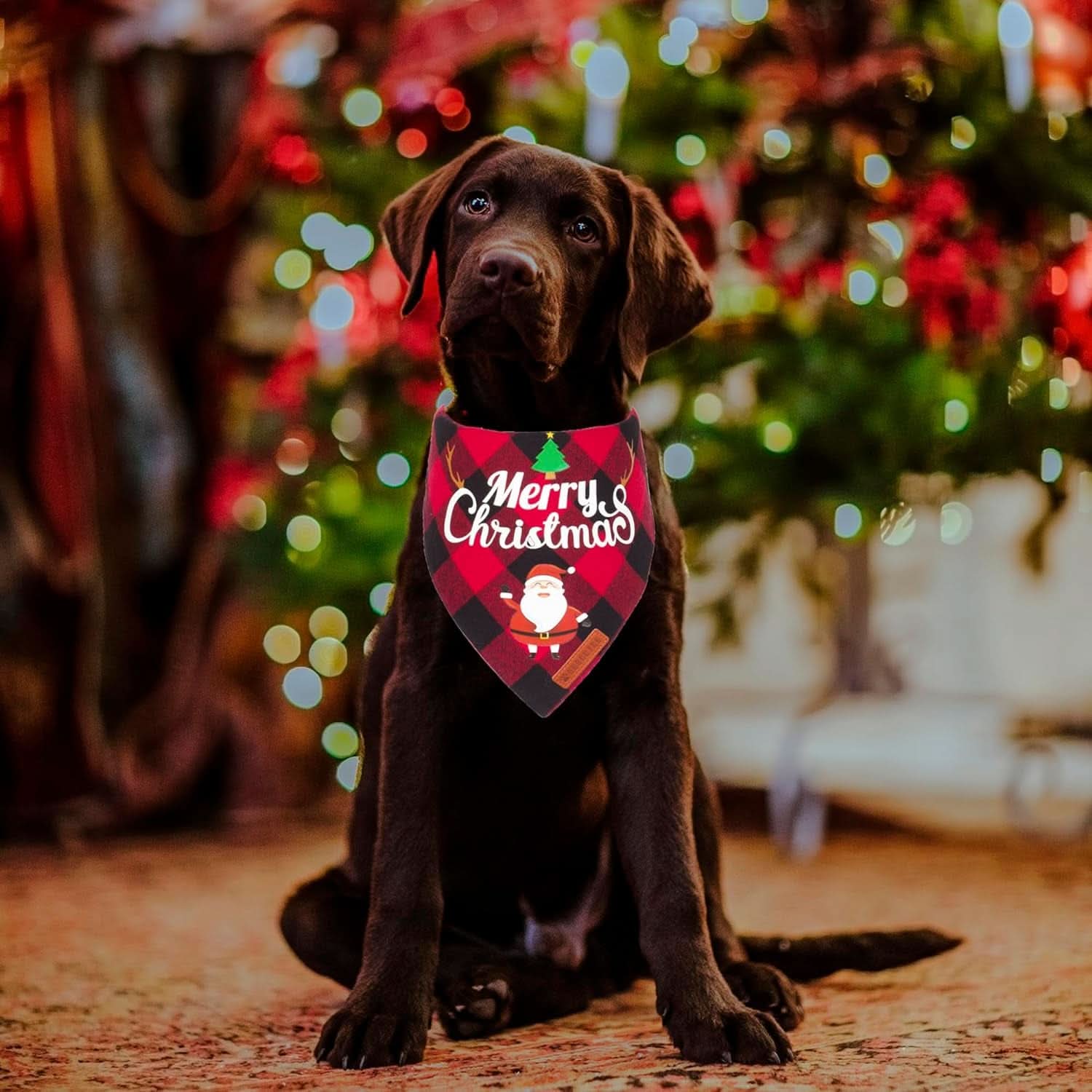 Christmas Classic Plaid Dog Bandana Set for Medium to Large Pets - Triangle Bibs Featuring Merry Christmas Santa and Snowman Designs