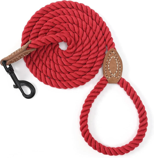 Braided Cotton Rope Dog Leash with Leather Tip, Heavy Duty Metal Clasp, 5FT Length, 1/2" Thickness - Ideal for Wedding and Walking for Medium to Large Dogs (Red)