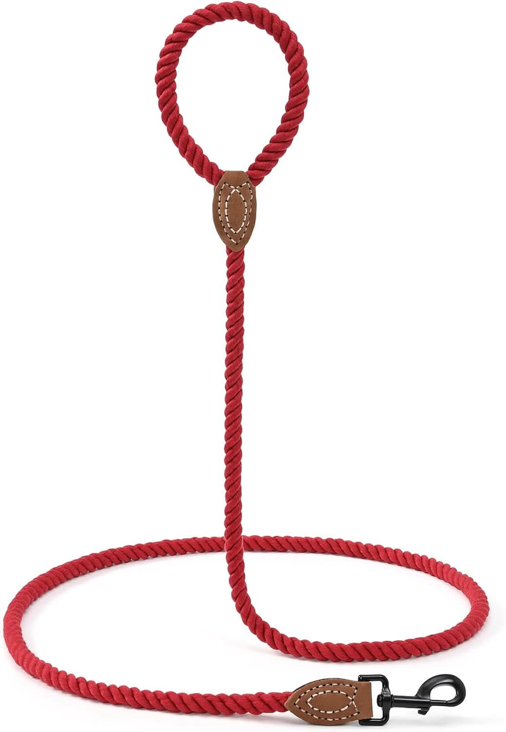 Braided Cotton Rope Dog Leash with Leather Tip, Heavy Duty Metal Clasp, 5FT Length, 1/2" Thickness - Ideal for Wedding and Walking for Medium to Large Dogs (Red)