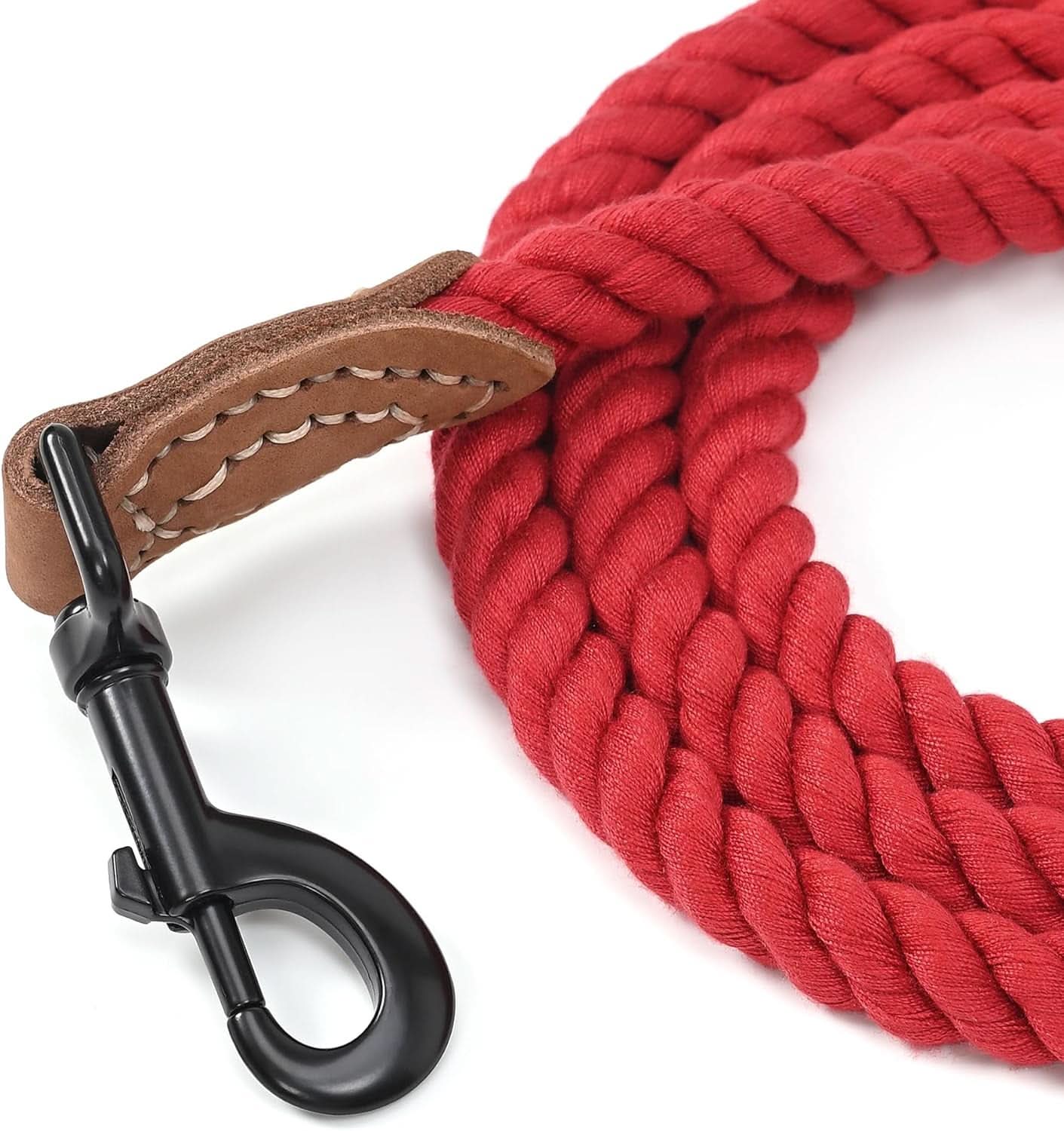 Braided Cotton Rope Dog Leash with Leather Tip, Heavy Duty Metal Clasp, 5FT Length, 1/2" Thickness - Ideal for Wedding and Walking for Medium to Large Dogs (Red)