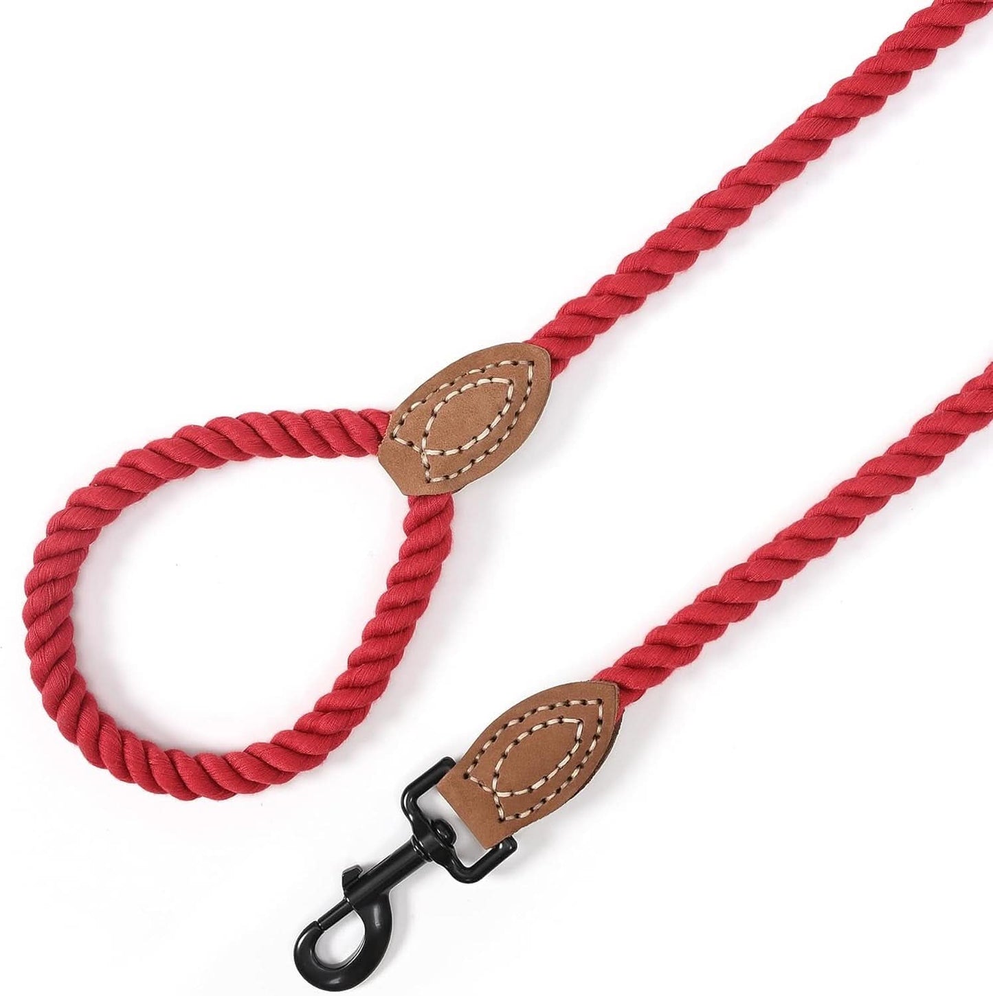 Braided Cotton Rope Dog Leash with Leather Tip, Heavy Duty Metal Clasp, 5FT Length, 1/2" Thickness - Ideal for Wedding and Walking for Medium to Large Dogs (Red)