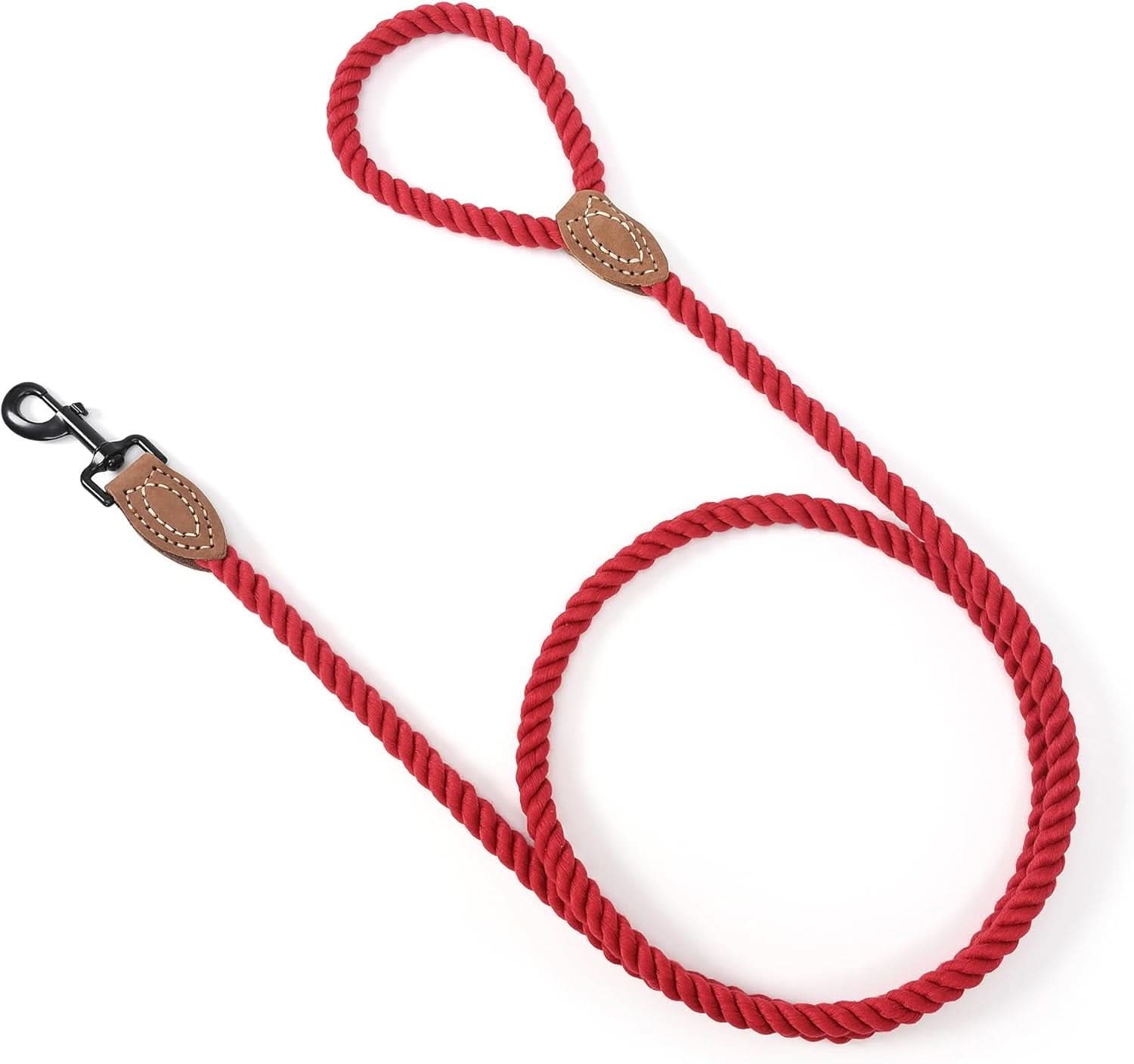 Braided Cotton Rope Dog Leash with Leather Tip, Heavy Duty Metal Clasp, 5FT Length, 1/2" Thickness - Ideal for Wedding and Walking for Medium to Large Dogs (Red)