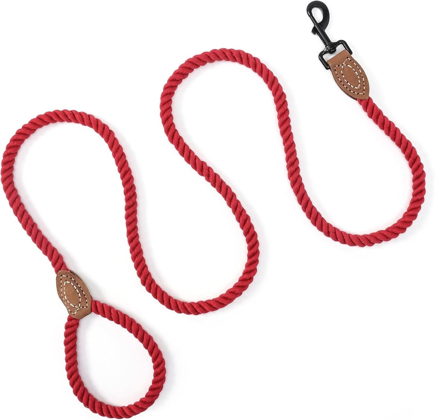 Braided Cotton Rope Dog Leash with Leather Tip, Heavy Duty Metal Clasp, 5FT Length, 1/2" Thickness - Ideal for Wedding and Walking for Medium to Large Dogs (Red)