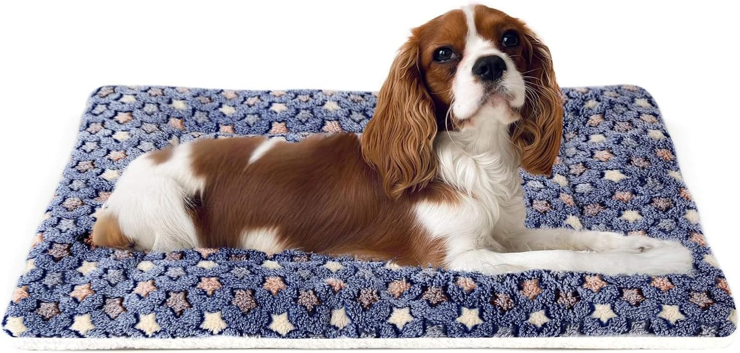 Ultra Soft Reversible Dog Bed Crate Pad with Star Print - Washable Mat for Dogs and Cats, 23 x 18 Inches, Dark Blue