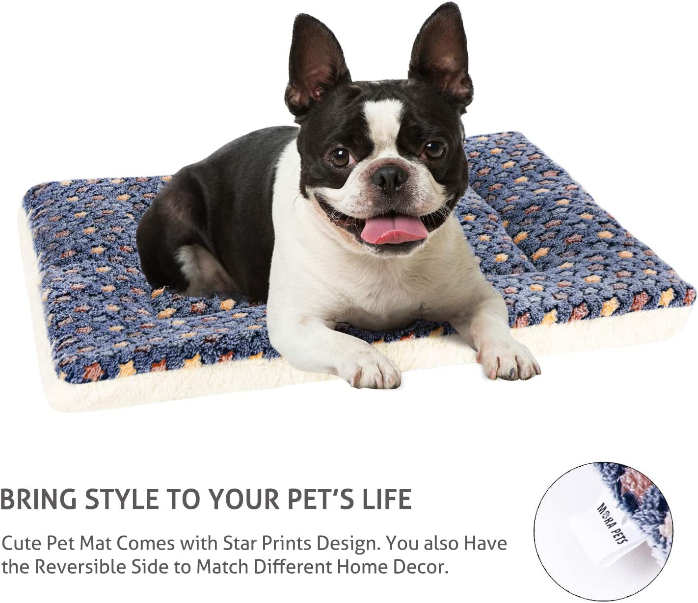Ultra Soft Reversible Dog Bed Crate Pad with Star Print - Washable Mat for Dogs and Cats, 23 x 18 Inches, Dark Blue