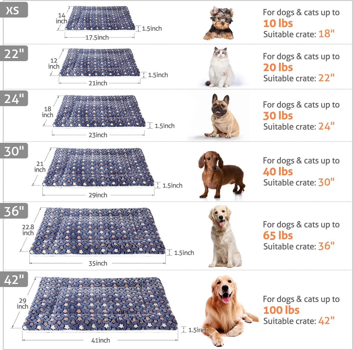 Ultra Soft Reversible Dog Bed Crate Pad with Star Print - Washable Mat for Dogs and Cats, 23 x 18 Inches, Dark Blue