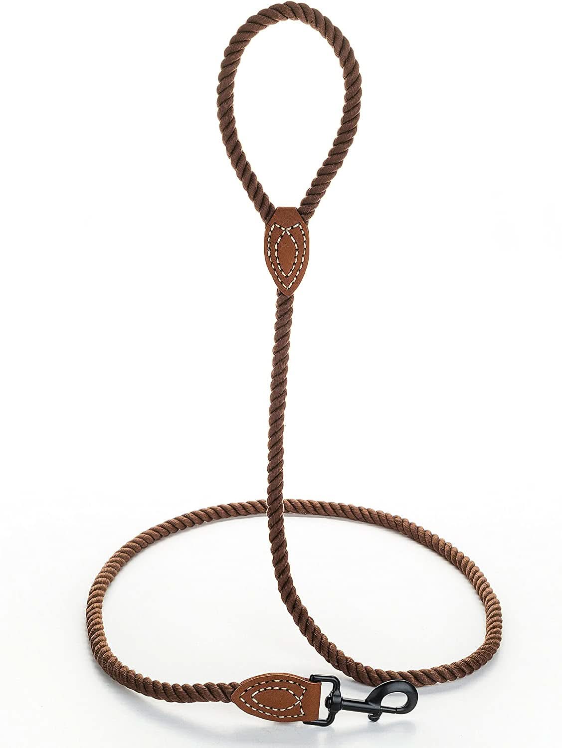 Heavy-Duty Braided Cotton Dog Leash with Leather Tip - 4FT, 1/2" Thick, Metal Clasp - Ideal for Walking, Training, and Weddings for Small to Large Dogs (Dark Brown)