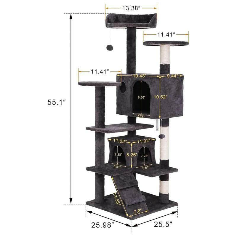 Segawe 55" Multi-Tier Cat Tree Condo with Plush Perches, Sisal Scratching Posts, and 2 Cozy Hideaways