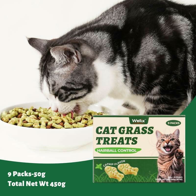 450G/16Oz Cat Grass Treats,Crunchy Cat Treats 9 Packs (50G Each),Natural Cat Grass Sticks &Cat Grass Teeth Cleaning Treats for Cat Training Rewards Box Pet Products