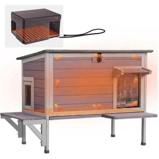 Aivituvin-Air91-In-Hp Wooden Heated Cat House with Adjustable Temperature Pad | Waterproof Roof| Outdoor Cat Shelter| Insulation