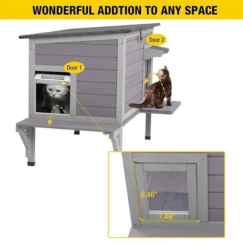 Aivituvin-Air91-In-Hp Wooden Heated Cat House with Adjustable Temperature Pad | Waterproof Roof| Outdoor Cat Shelter| Insulation