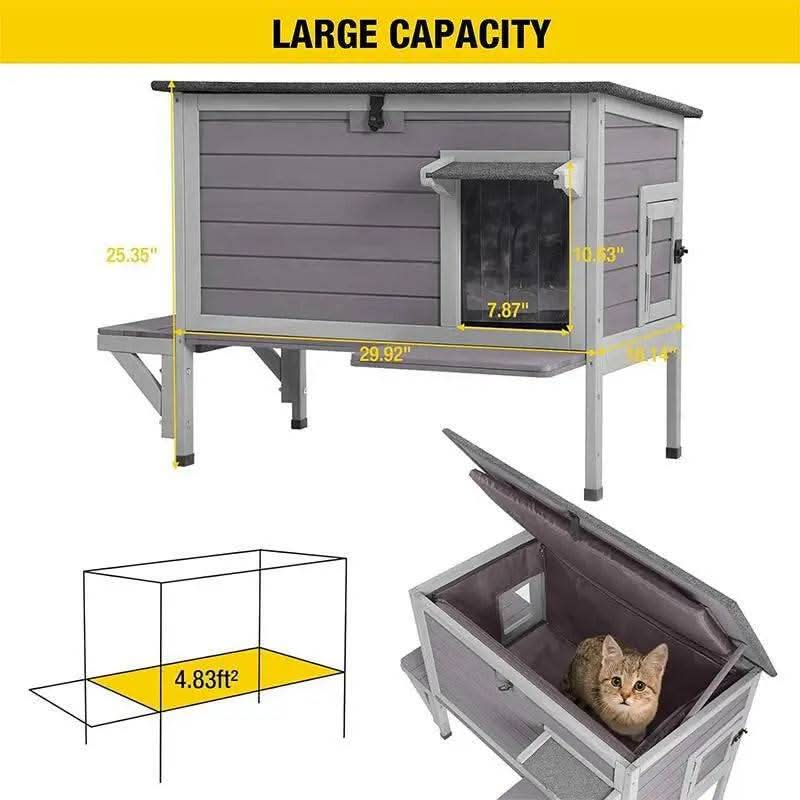 Aivituvin-Air91-In-Hp Wooden Heated Cat House with Adjustable Temperature Pad | Waterproof Roof| Outdoor Cat Shelter| Insulation