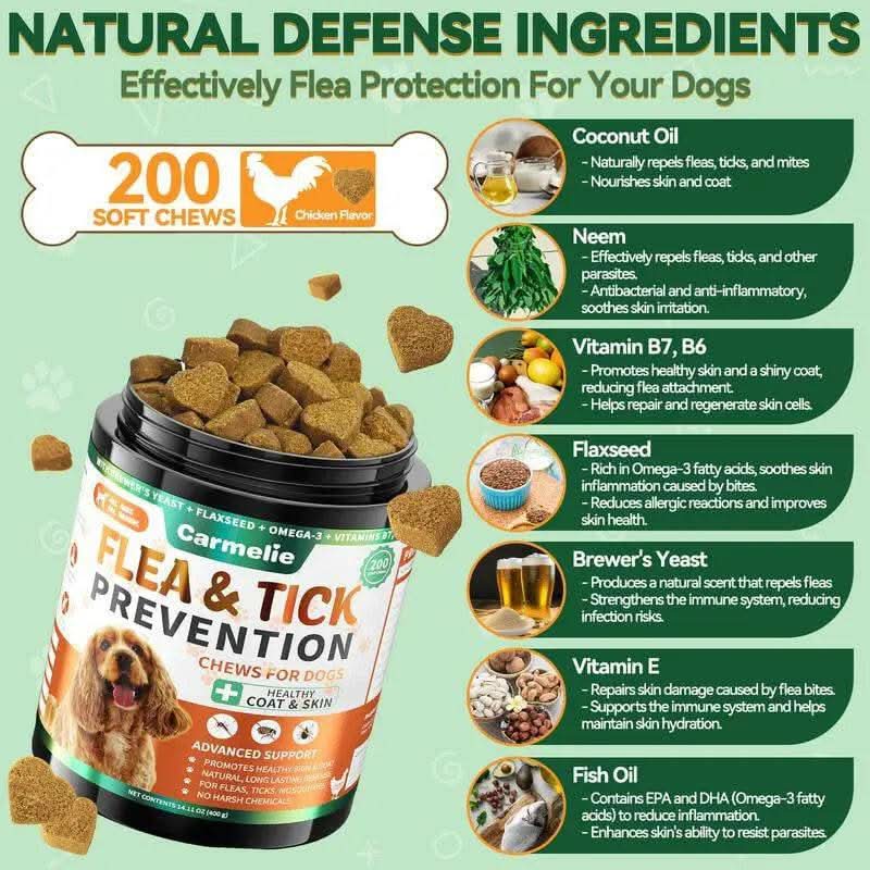 Carmelie Natural Flea & Tick Support for Dogs – 200 Chews, All Breeds & Sizes, Supports Healthy Skin & Coat with Omega-3, Puppy Flea Protection, Chicken Flavor Treats Poodle