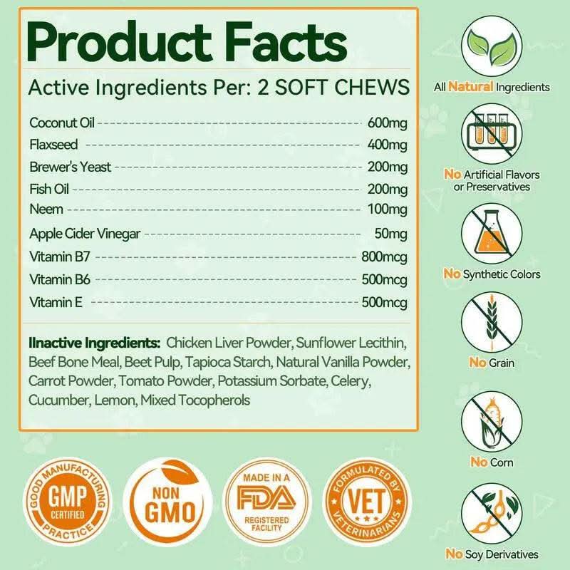 Carmelie Natural Flea & Tick Support for Dogs – 200 Chews, All Breeds & Sizes, Supports Healthy Skin & Coat with Omega-3, Puppy Flea Protection, Chicken Flavor Treats Poodle